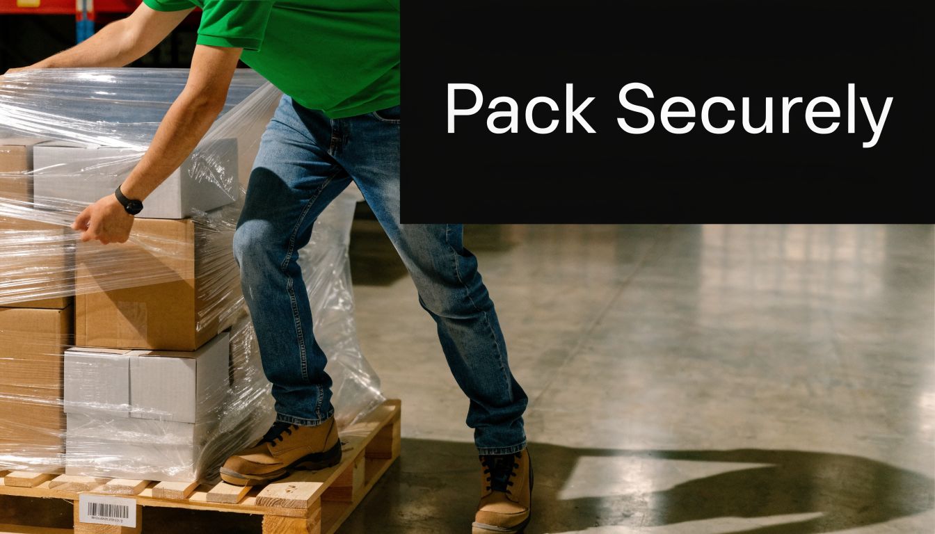 A worker in a warehouse wraps boxes on a wooden pallet with plastic stretch film for shipment.
