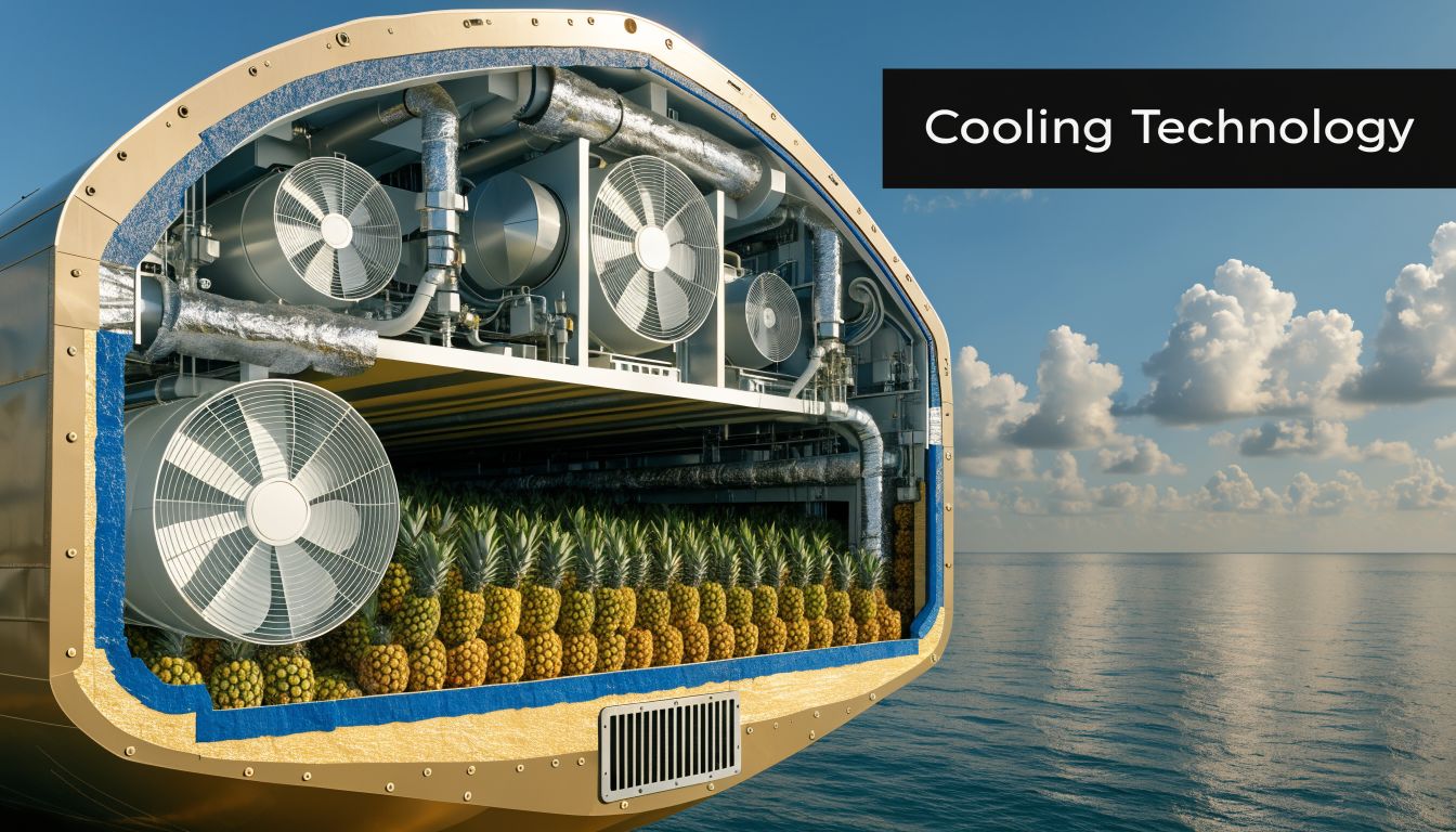 A cross-section view of a refrigerated shipping container filled with fresh pineapples on a ship.