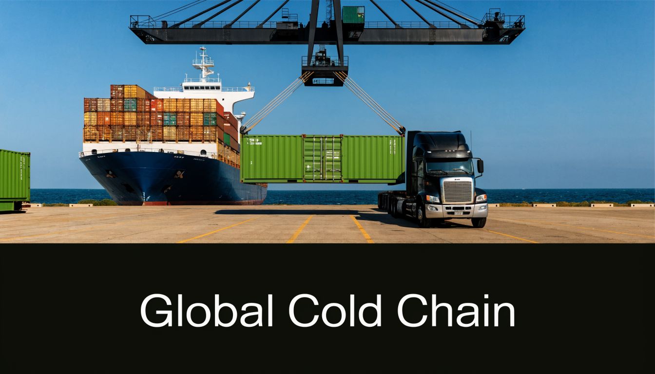 A large crane loading a green cargo container onto a truck at a shipping port facility.