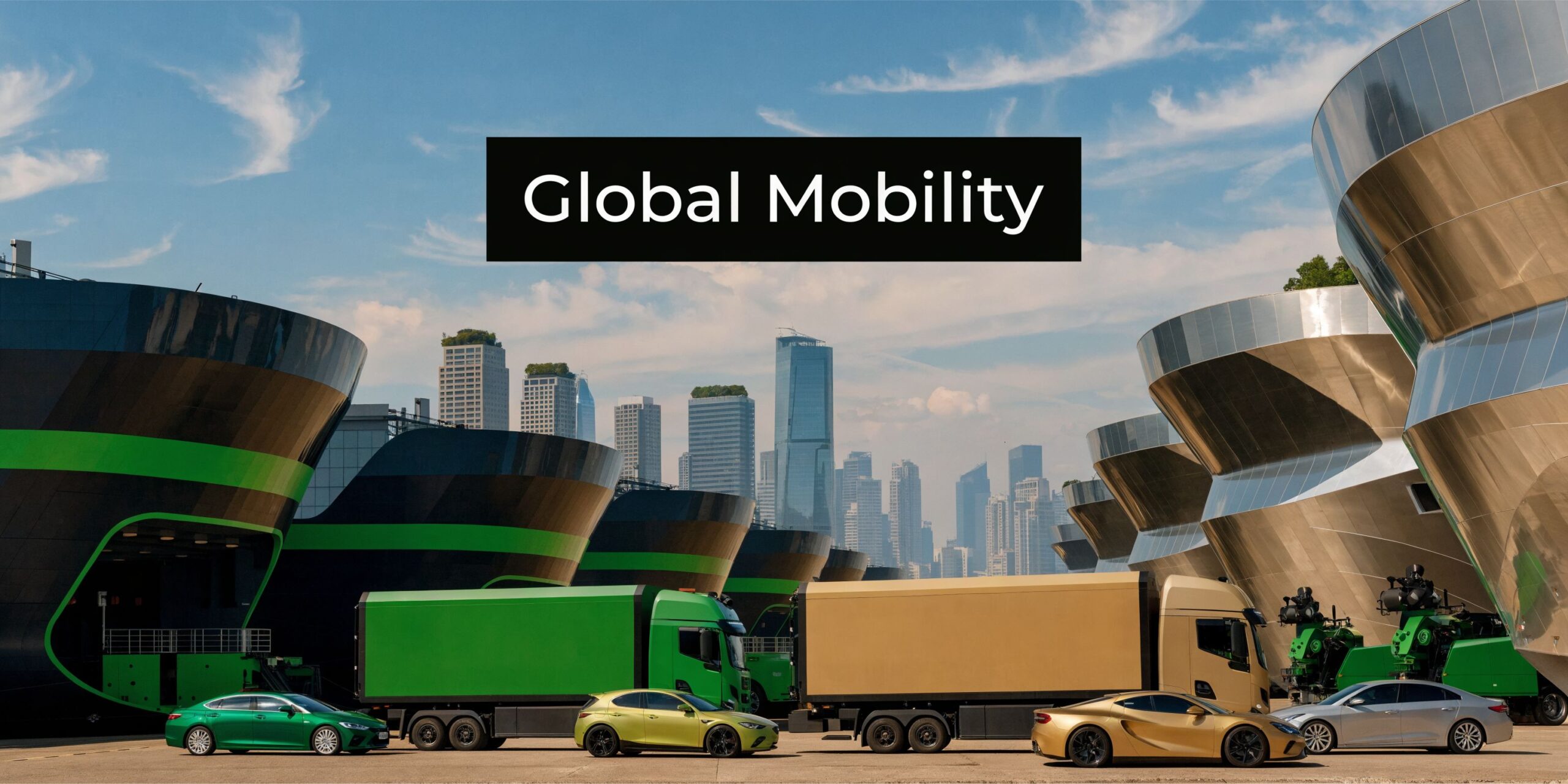 A modern logistics port featuring commercial trucks and luxury cars against a futuristic city skyline backdrop.