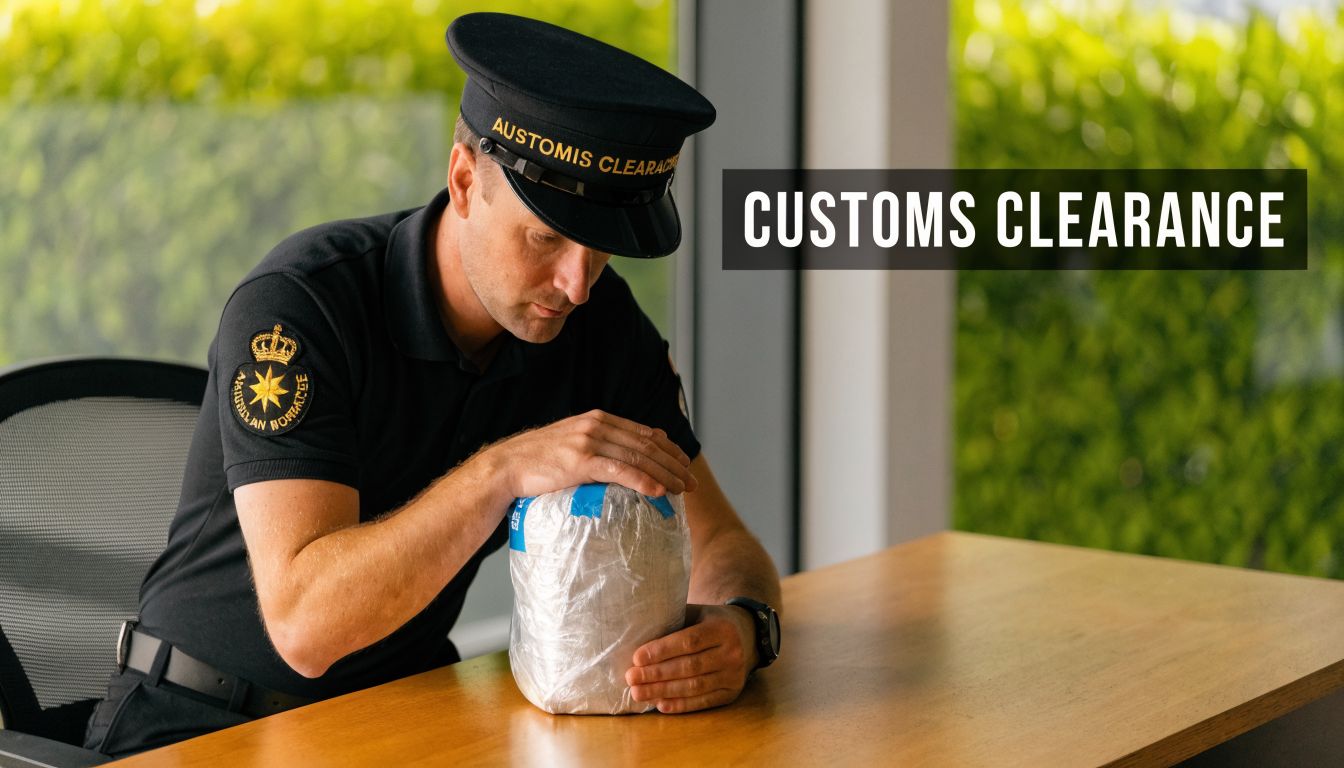 A customs officer inspecting a wrapped parcel on a wooden table for shipment to Australia.