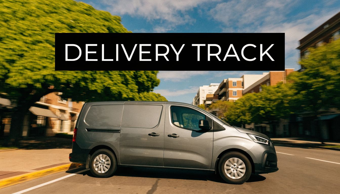 A modern grey delivery van driving down a suburban street on a sunny day with motion blur.