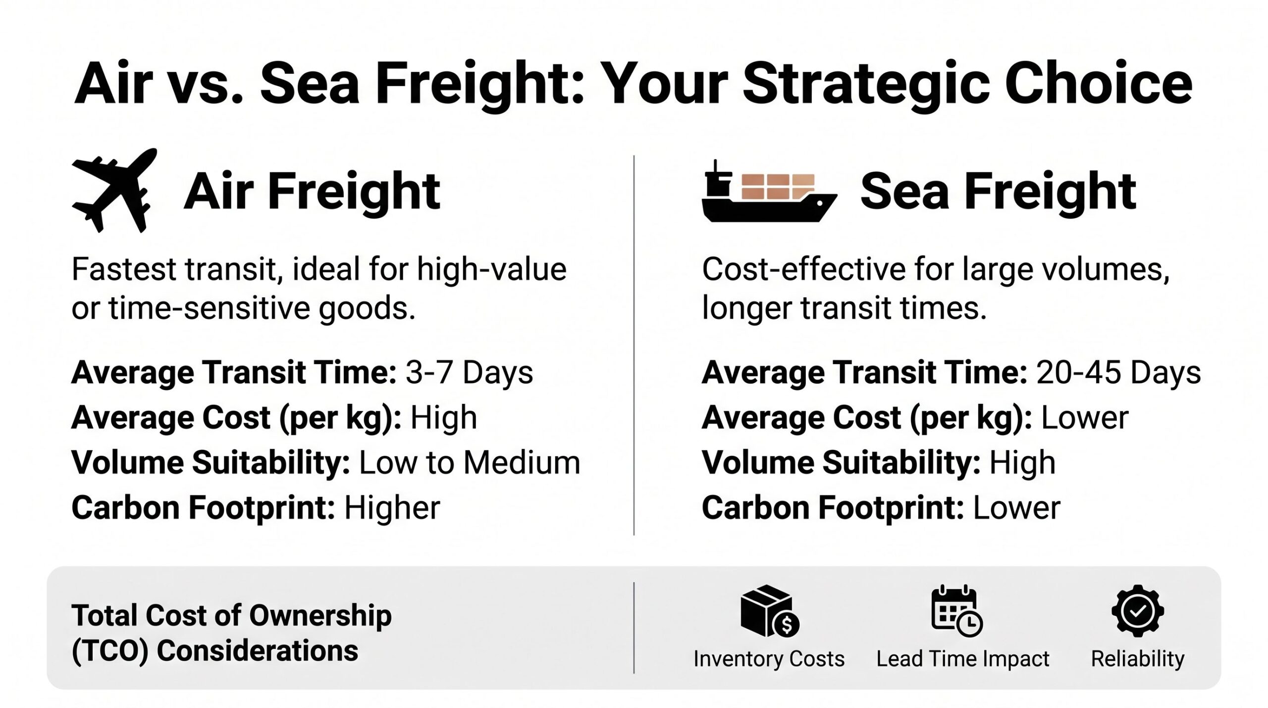A comparison infographic detailing the differences between air freight and sea freight for logistical shipping decisions.