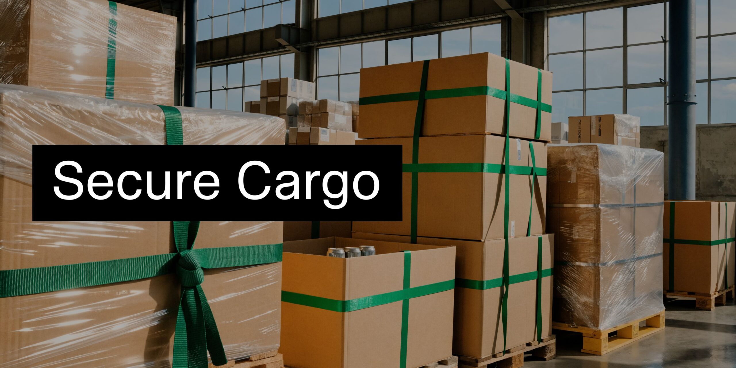 Stacks of cardboard boxes wrapped in protective plastic and secured with green straps in a warehouse