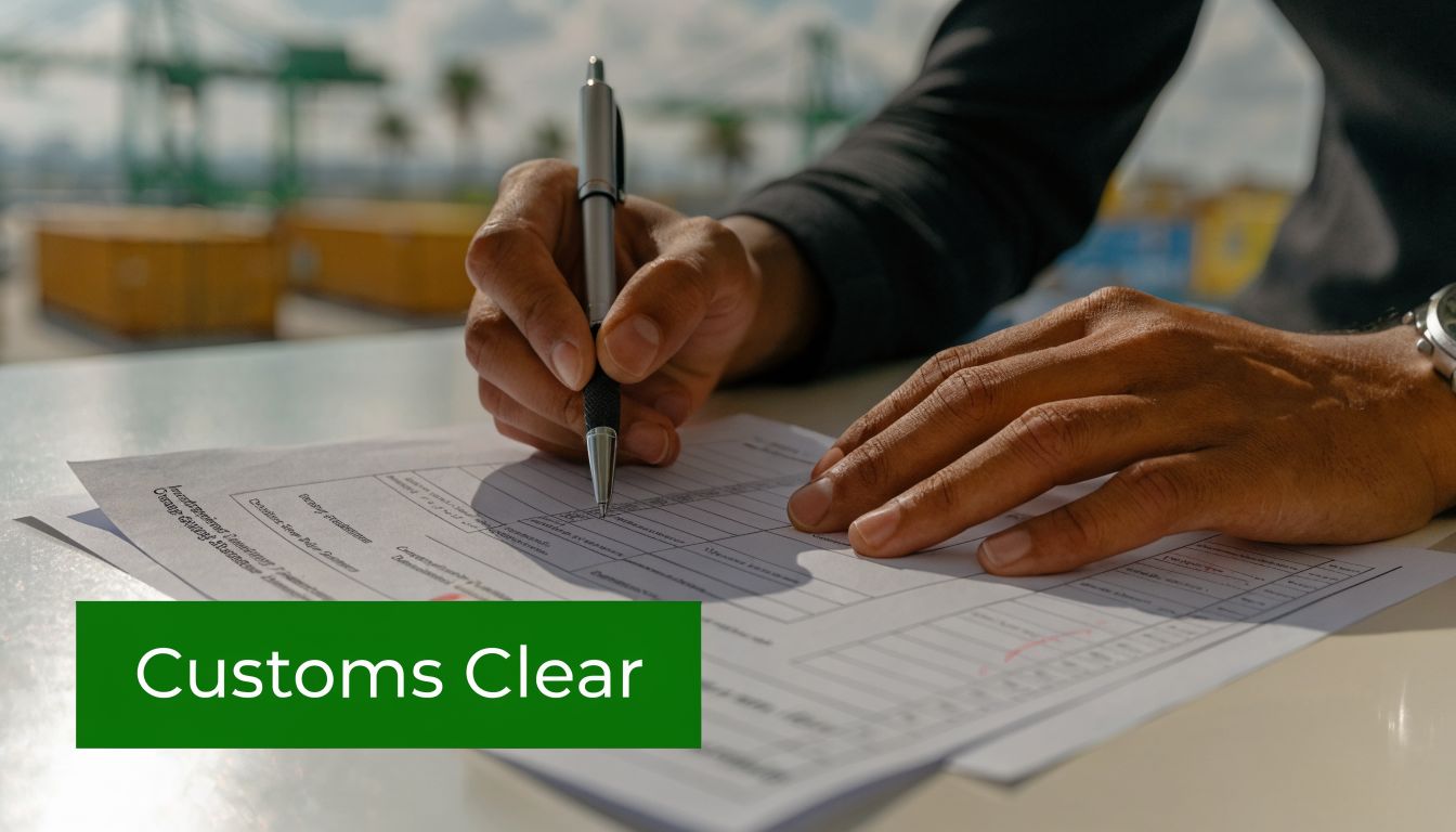 A customs specialist filling out logistics paperwork at a shipping port, focusing on cargo documentation.
