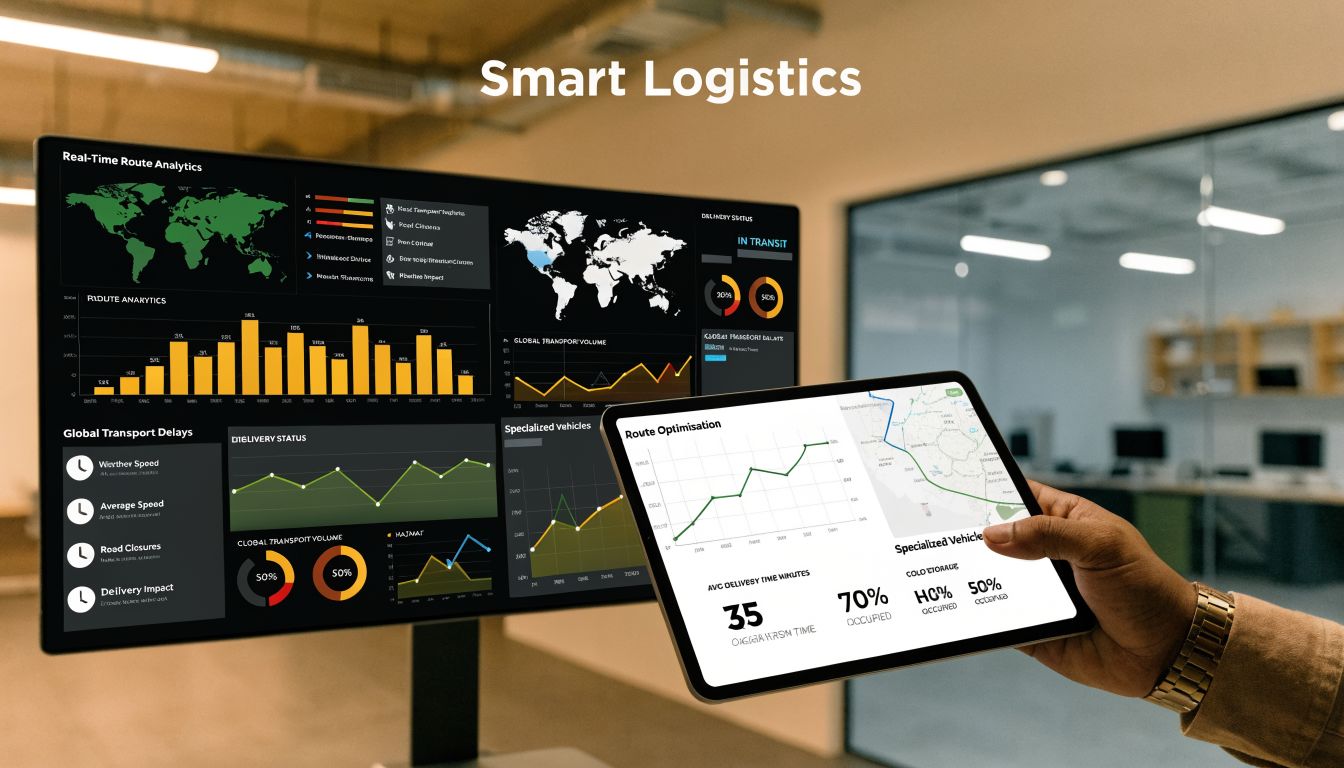 A professional analyzing real-time smart logistics data on a large monitor and a handheld tablet in an office.