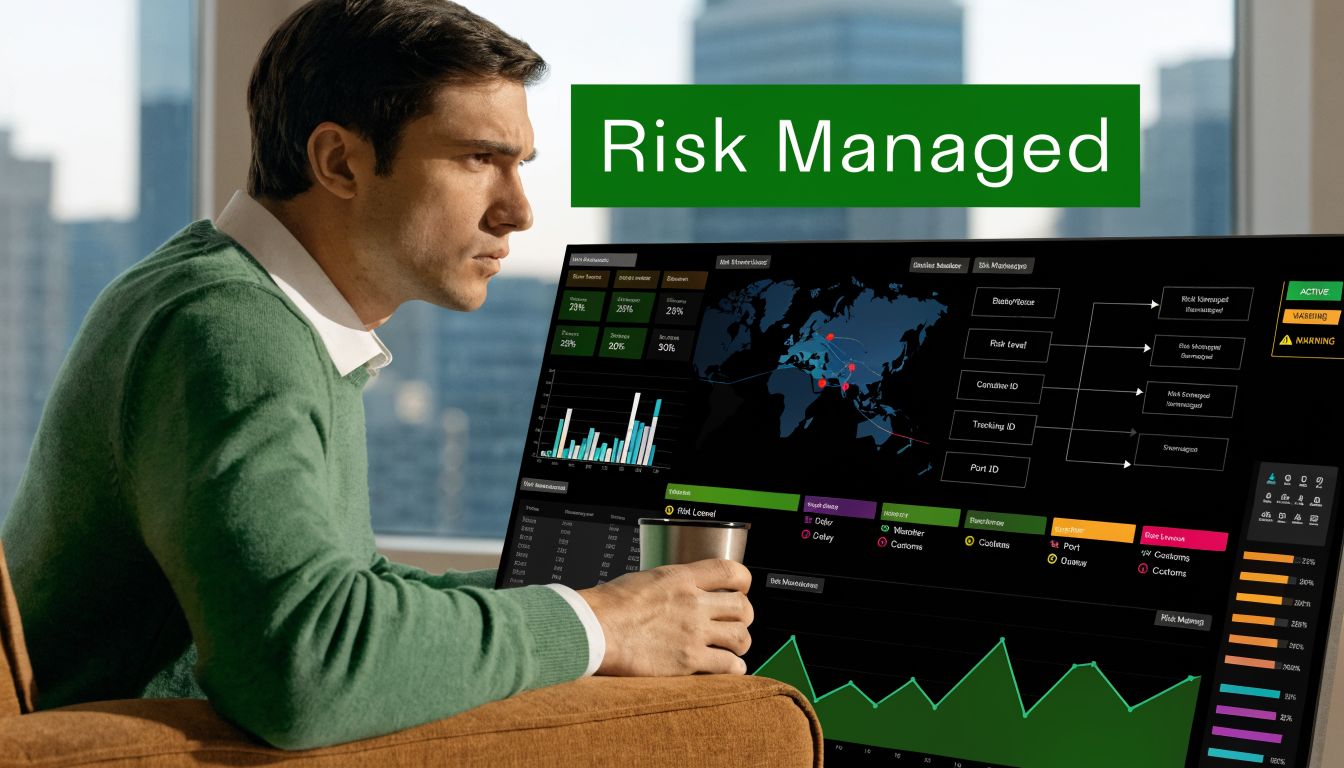A professional analyzing a complex digital logistics and risk management dashboard in a modern office setting.