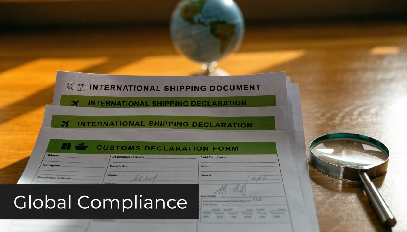 A stack of international customs declaration forms and a magnifying glass placed on a wooden desk.