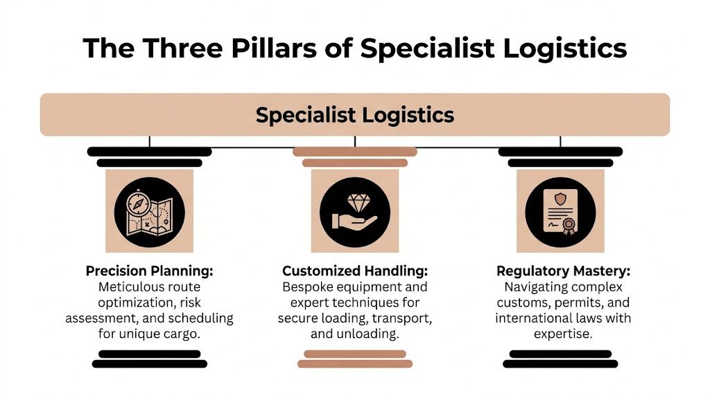 A diagram illustrating the three pillars of specialist logistics: precision planning, customized handling, and regulatory mastery.