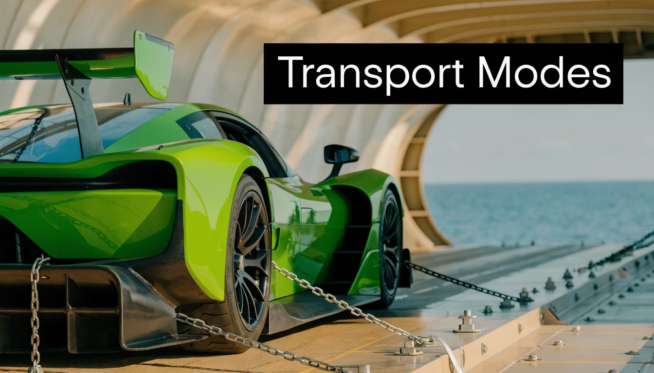 A vibrant green sports car secured with metal chains on a transport deck near the ocean.