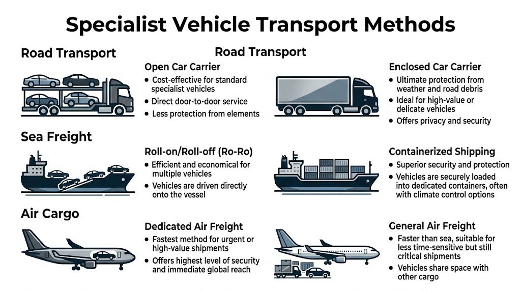 An infographic showing various specialist vehicle transport methods including road, sea freight, and air cargo shipping options.