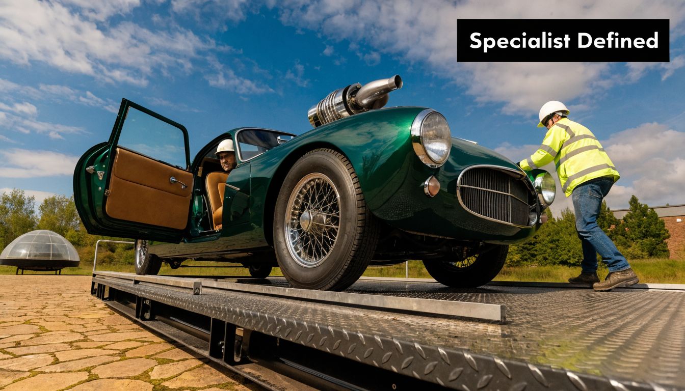 A worker in safety gear pushes a vintage green sports car on a flatbed trailer outdoors.