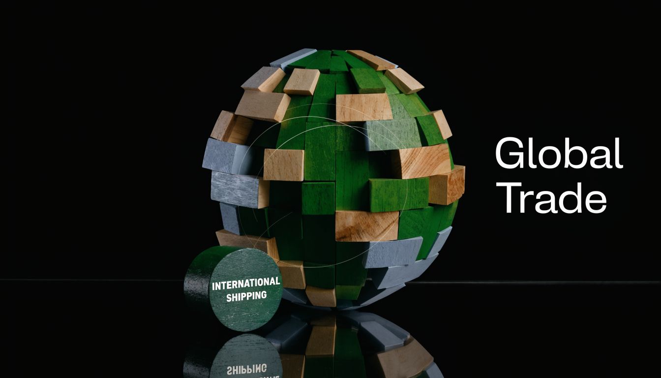 A wooden puzzle globe on a reflective black surface with the text International Shipping and Global Trade.