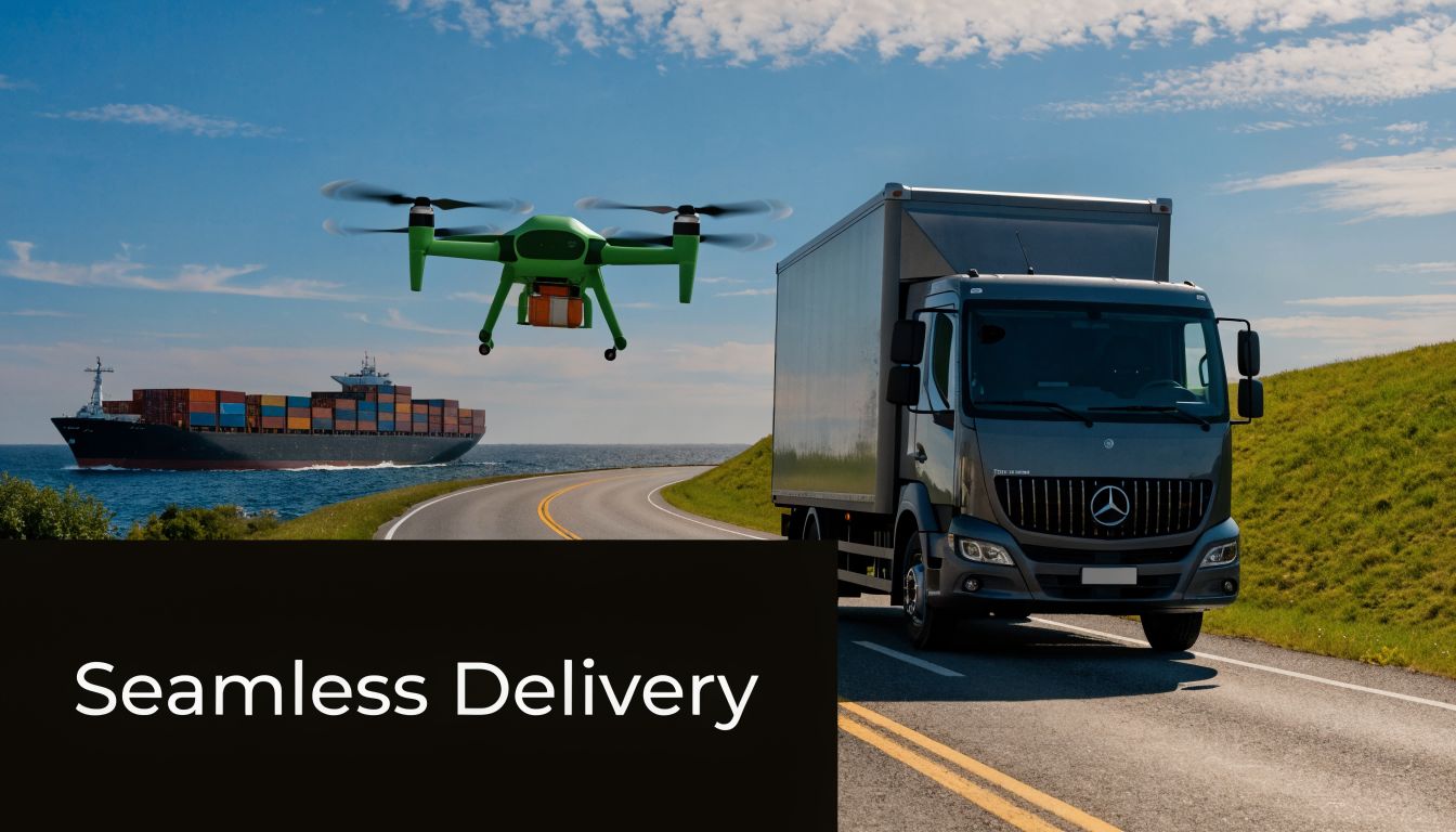 A cargo ship, delivery truck, and drone depicting modern supply chain management and logistics solutions.