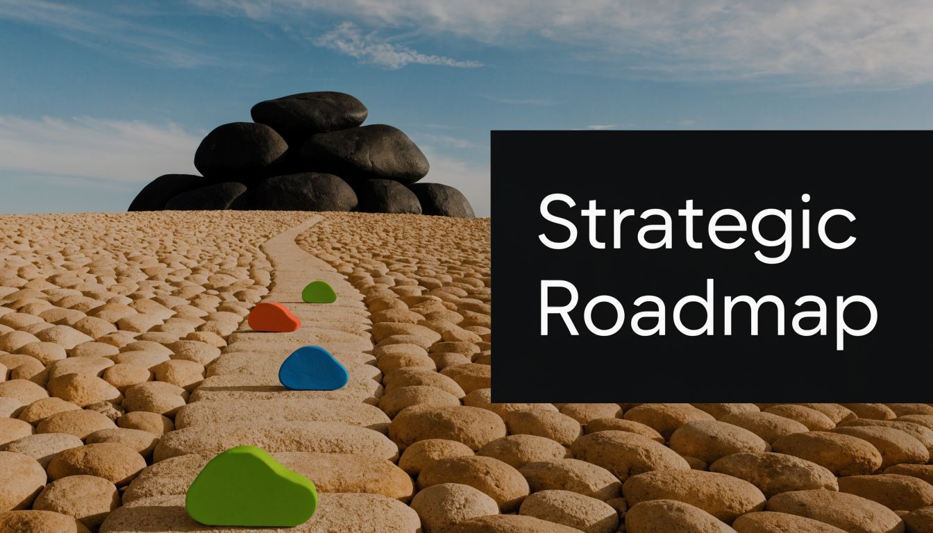 A path of colorful stones leading to a pile of dark rocks under a blue sky.