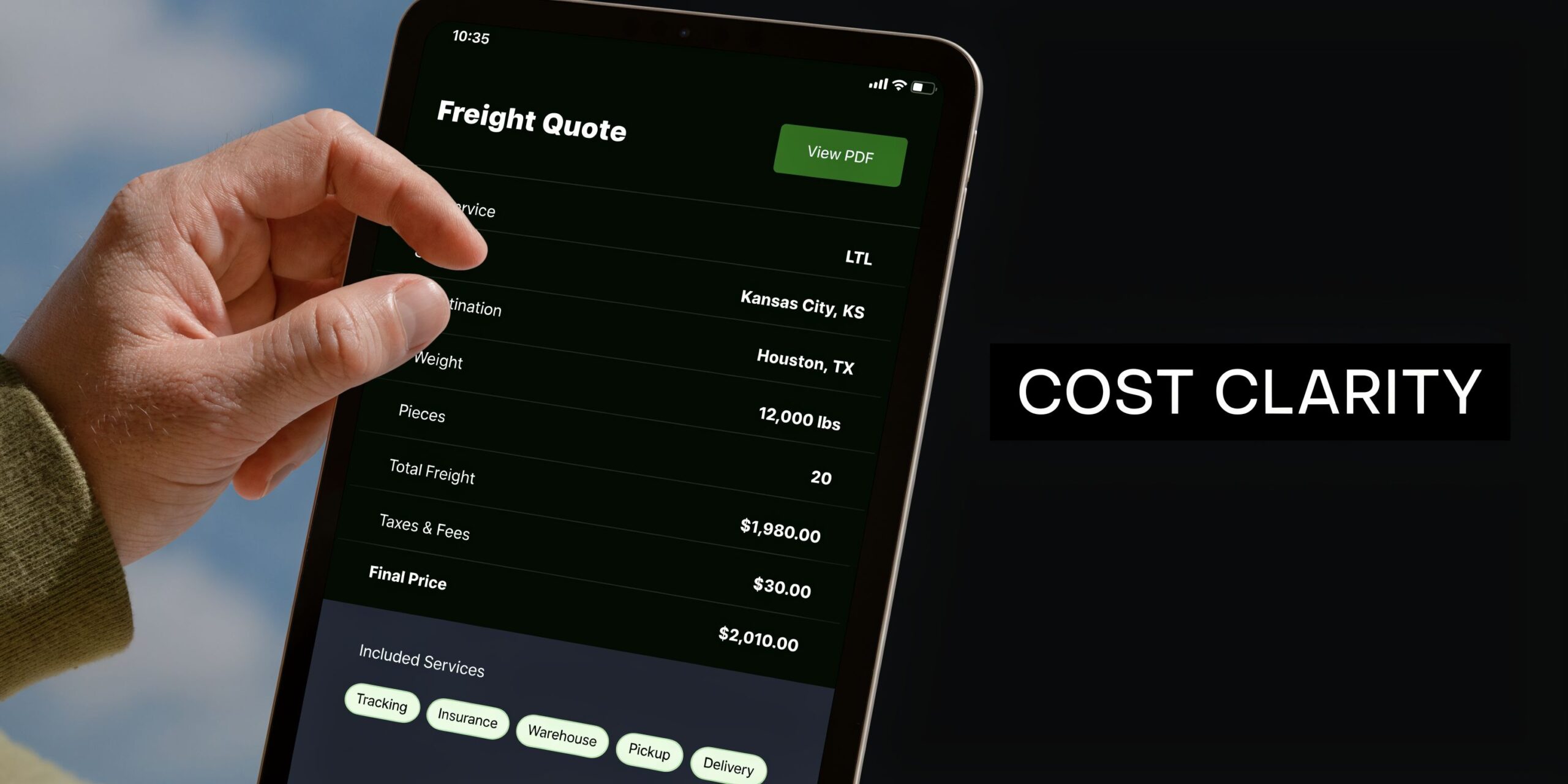 A close-up view of a tablet screen displaying a freight quote with cost details and included services.