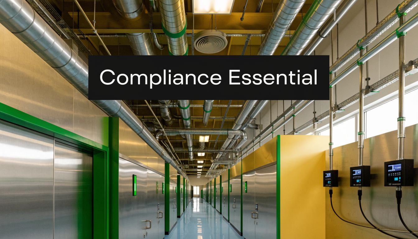 A modern, sterile, high-tech industrial facility corridor with metallic walls, green accents, and overhead ventilation pipes.