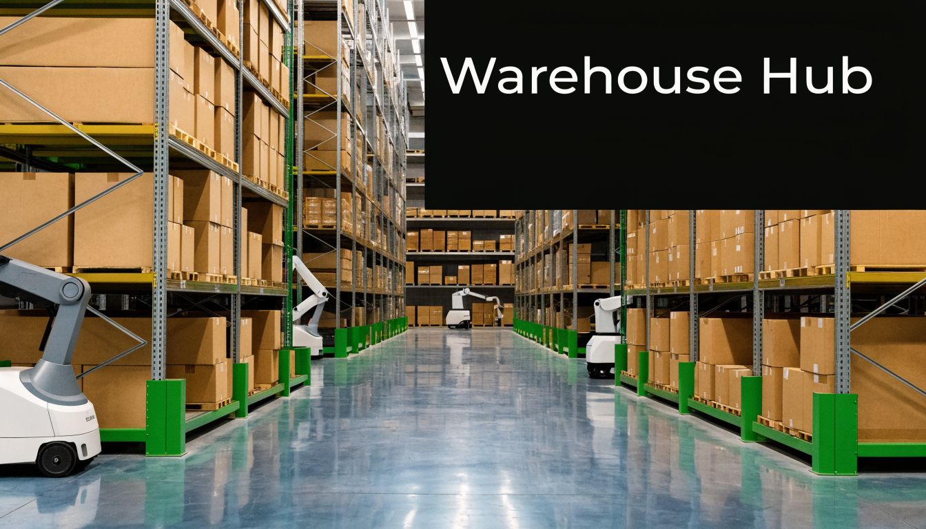 Automated robots working in a large, organized warehouse aisle filled with stacked cardboard storage boxes.