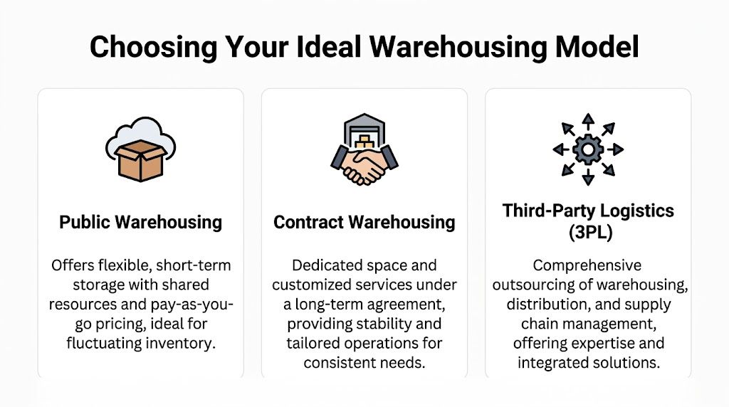 A diagram illustrating the three main types of warehousing models: public, contract, and third-party logistics services.