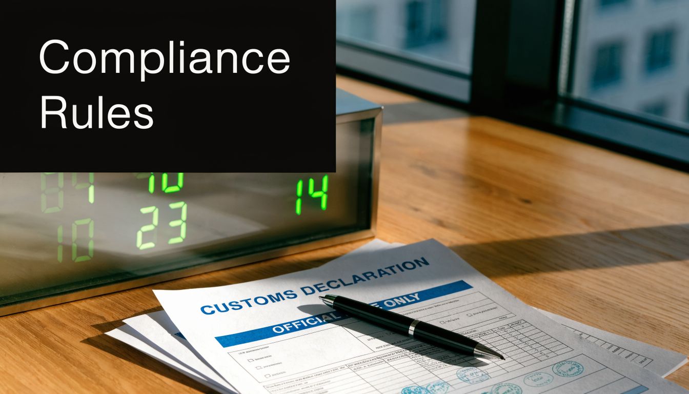 A pen lying on a customs declaration form next to a digital clock on a wooden desk.