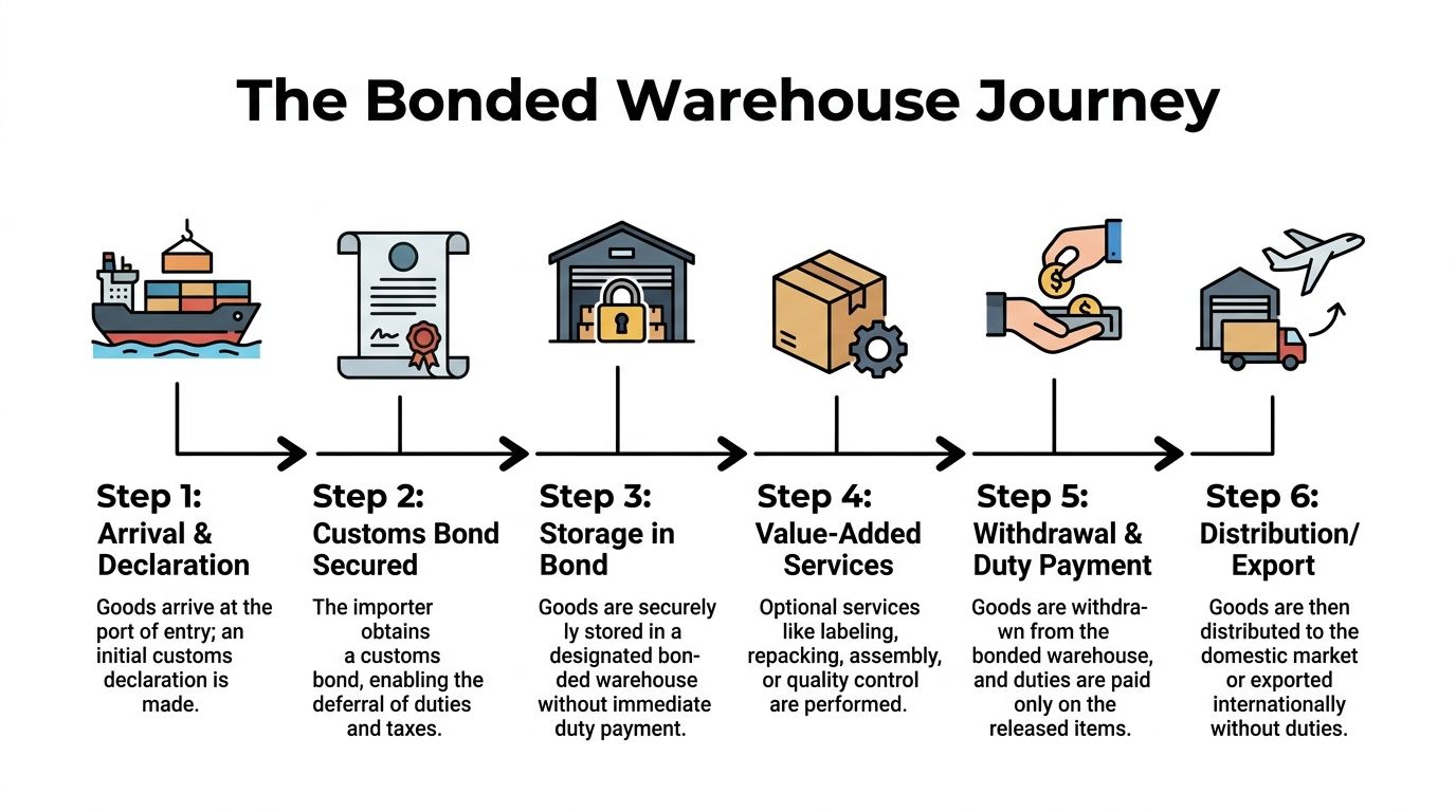 A six-step infographic illustrating the process of goods moving through a bonded warehouse logistics system.