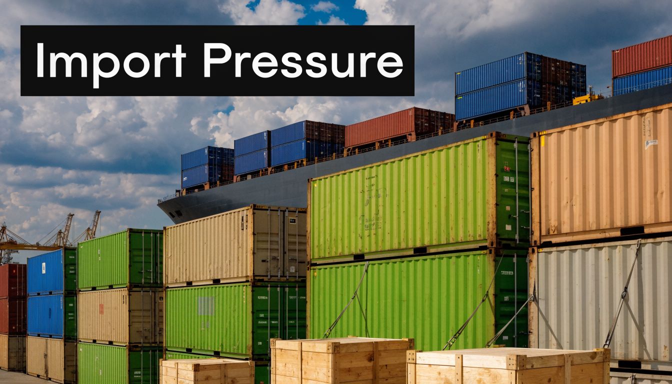 Stacked shipping containers at a busy port under a cloudy blue sky with a cargo ship.