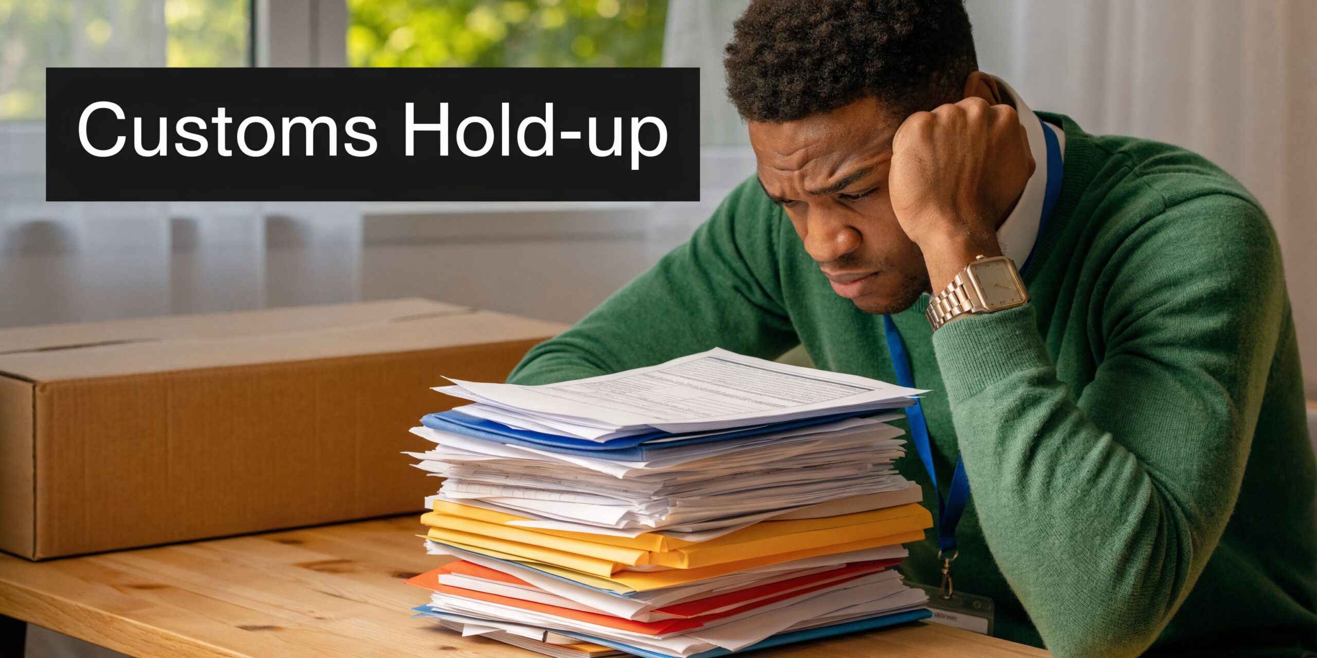 A stressed man looking at a large stack of paperwork and documents related to customs processing.