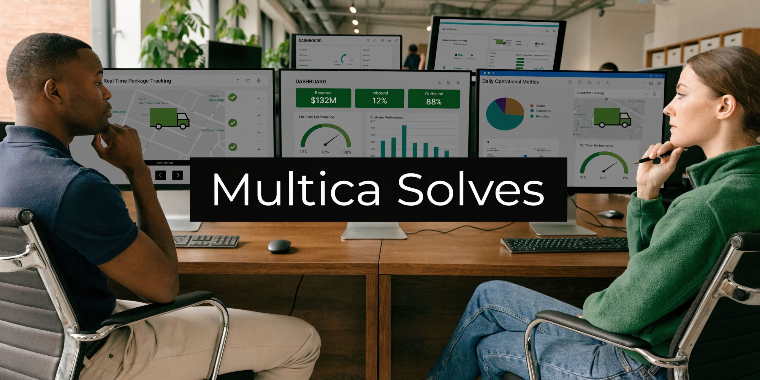 A man and a woman in a modern office analyzing logistics data on multiple computer screens.