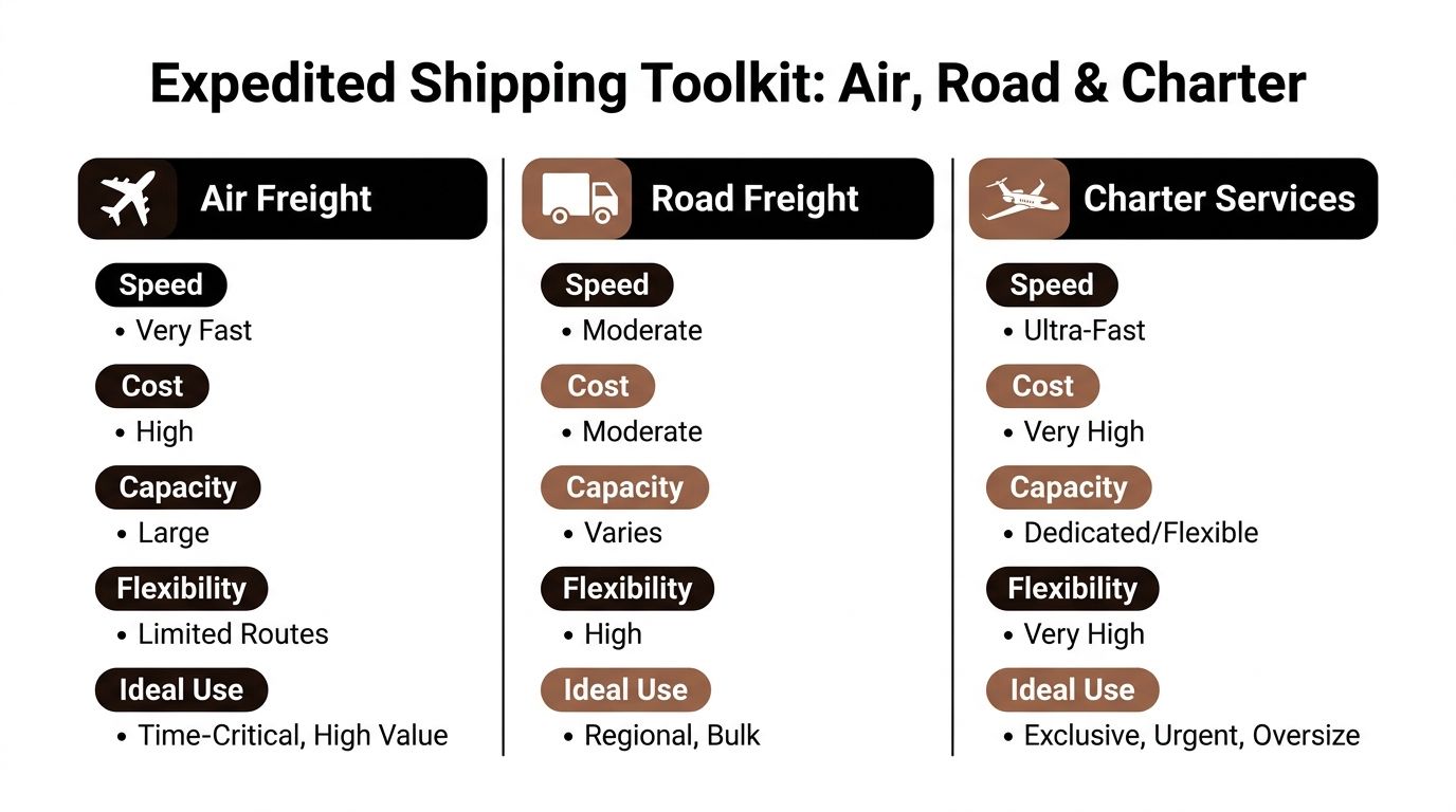 A comparison chart outlining the speed, cost, capacity, flexibility, and ideal uses for air, road, and charter freight shipping.