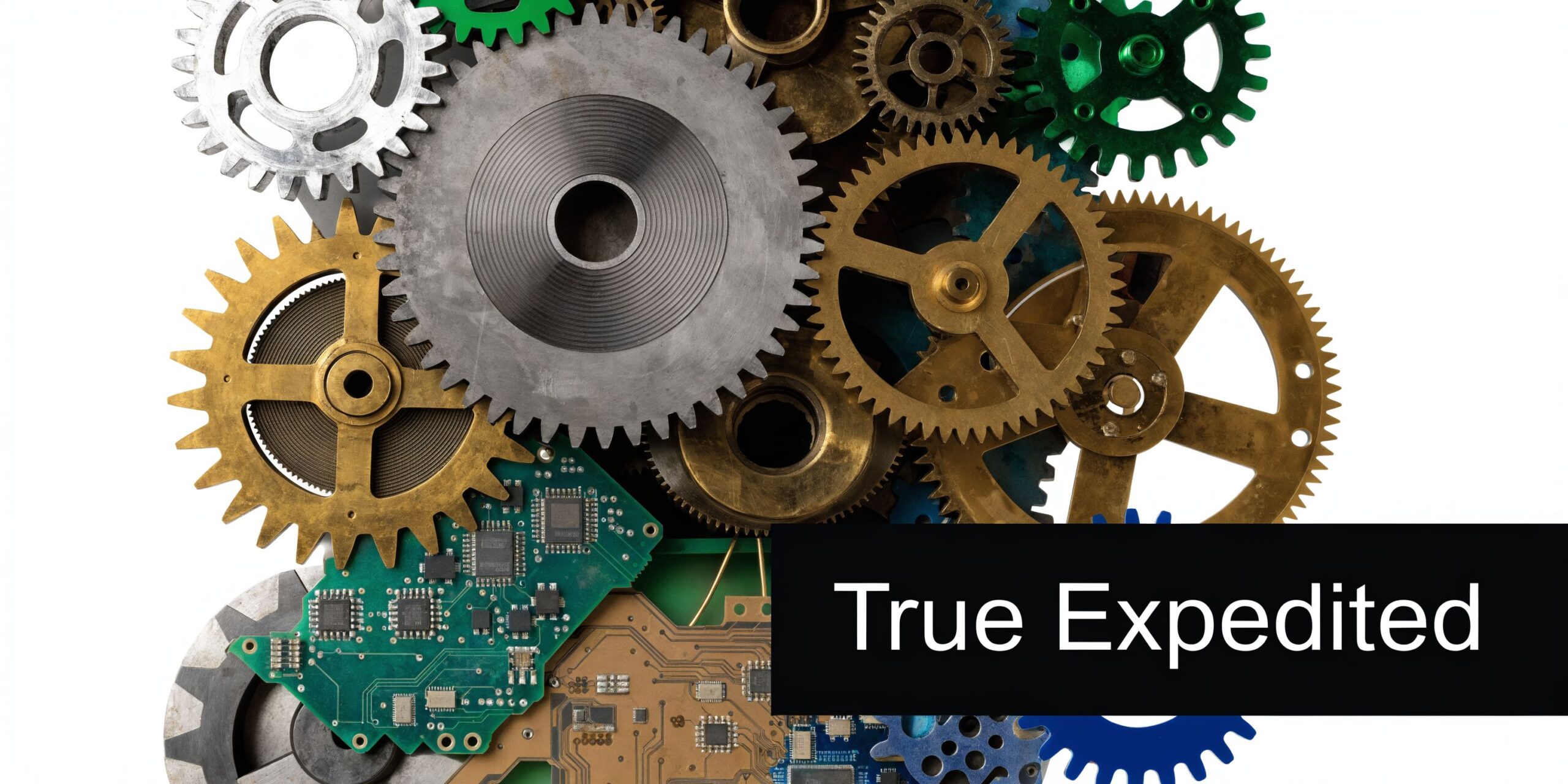 A conceptual collage featuring industrial metal gears integrated with electronic circuit boards against a plain background.